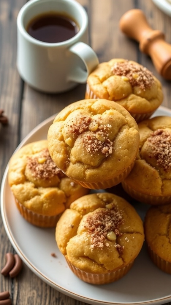 Churro Kodiak Protein Muffins Recipe A plate of churro Kodiak protein muffins dusted with cinnamon sugar, served on a rustic wooden table.
